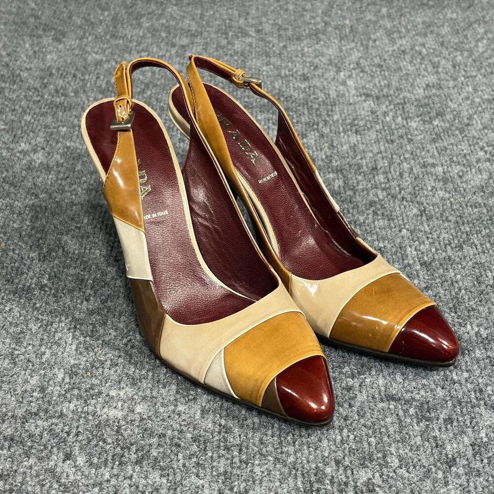 PRADA Shoes Womens 6 Multicolor Patchwork Slingback Heels Warm Toned Italy